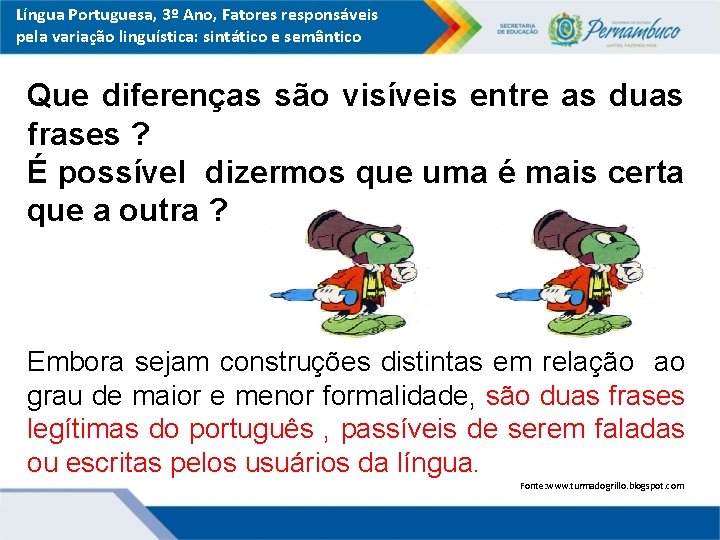 Língua Portuguesa, 3º Ano, Fatores responsáveis pela variação linguística: sintático e semântico Que diferenças