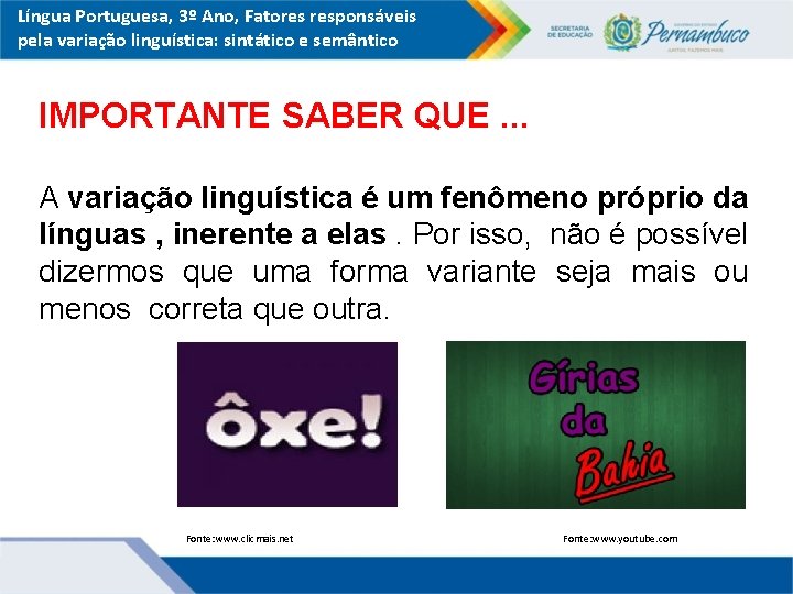 Língua Portuguesa, 3º Ano, Fatores responsáveis pela variação linguística: sintático e semântico IMPORTANTE SABER