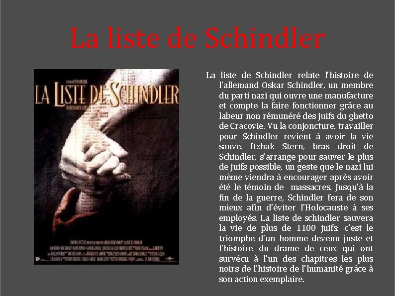 La liste de Schindler relate l'histoire de l'allemand Oskar Schindler, un membre du parti