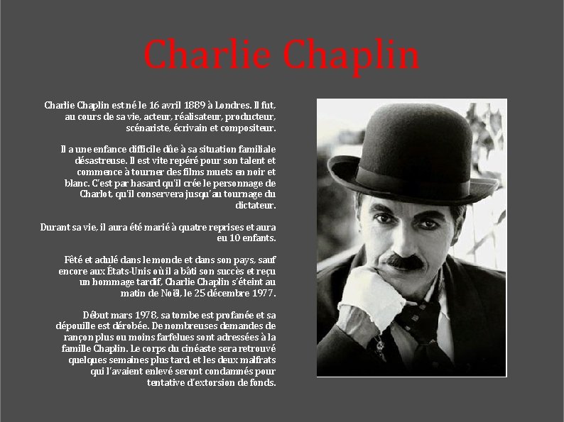 Charlie Chaplin est né le 16 avril 1889 à Londres. Il fut, au cours