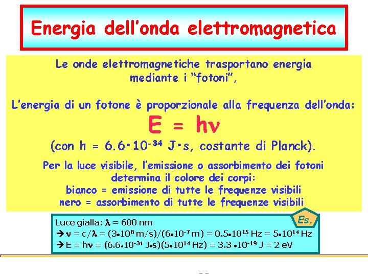 Energia dell’onda elettromagnetica Le onde elettromagnetiche trasportano energia mediante i “fotoni”, L’energia di un