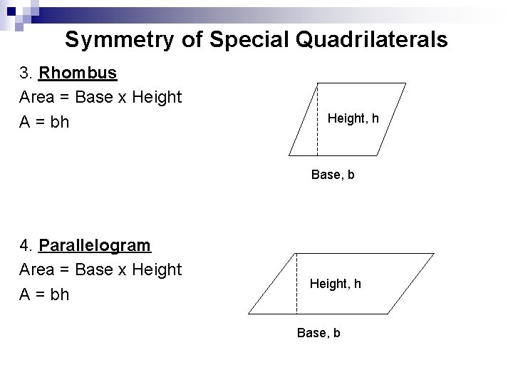 Symmetry of Special Quadrilaterals 3. Rhombus Area = Base x Height A = bh