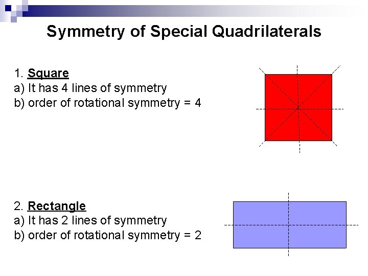 Symmetry of Special Quadrilaterals 1. Square a) It has 4 lines of symmetry b)