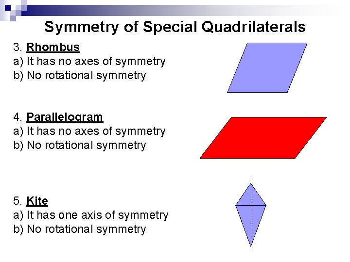 Symmetry of Special Quadrilaterals 3. Rhombus a) It has no axes of symmetry b)