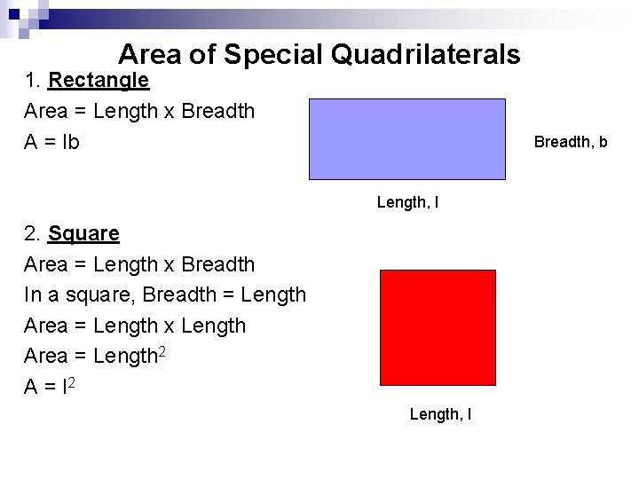 Area of Special Quadrilaterals 1. Rectangle Area = Length x Breadth A = lb