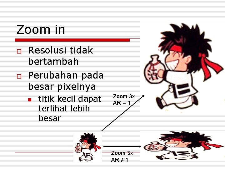 Zoom in o o Resolusi tidak bertambah Perubahan pada besar pixelnya n titik kecil