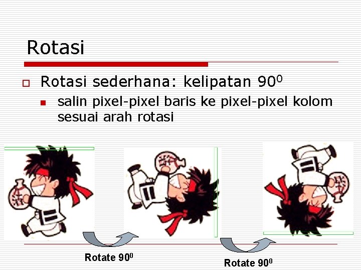 Rotasi o Rotasi sederhana: kelipatan 900 n salin pixel-pixel baris ke pixel-pixel kolom sesuai