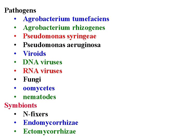 Pathogens • Agrobacterium tumefaciens • Agrobacterium rhizogenes • Pseudomonas syringeae • Pseudomonas aeruginosa •