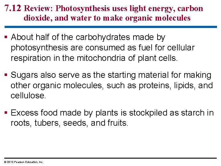 7. 12 Review: Photosynthesis uses light energy, carbon dioxide, and water to make organic