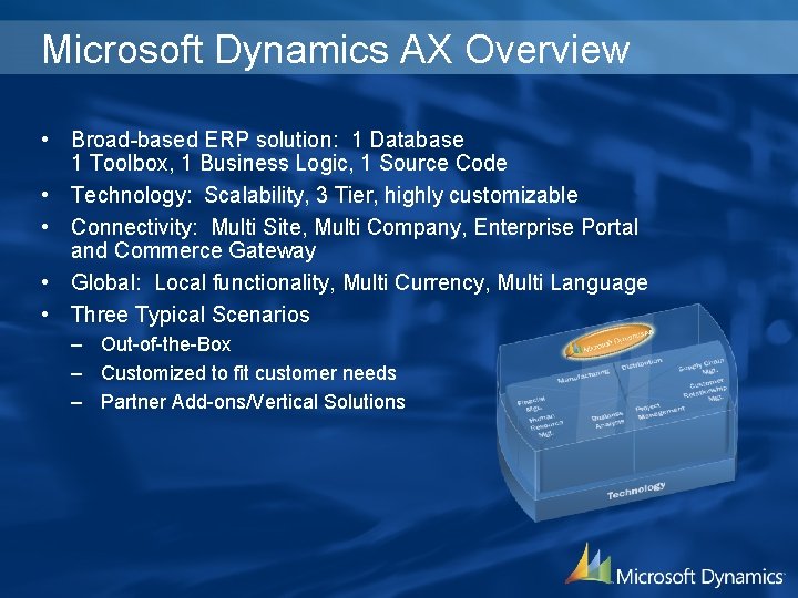 Microsoft Dynamics AX Overview • Broad-based ERP solution: 1 Database 1 Toolbox, 1 Business