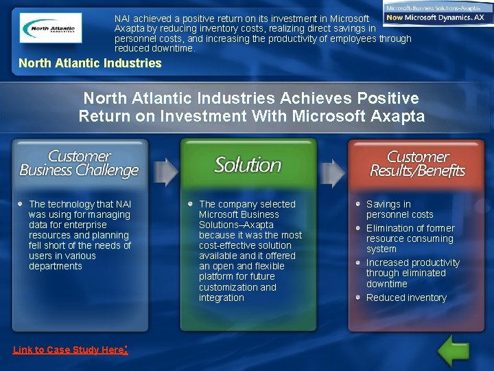 NAI achieved a positive return on its investment in Microsoft Axapta by reducing inventory