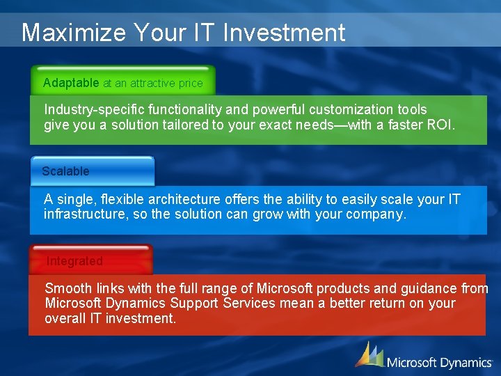 Maximize Your IT Investment Adaptable at an attractive price Industry-specific functionality and powerful customization Maximize Your IT Investment Adaptable at an attractive price Industry-specific functionality and powerful customization