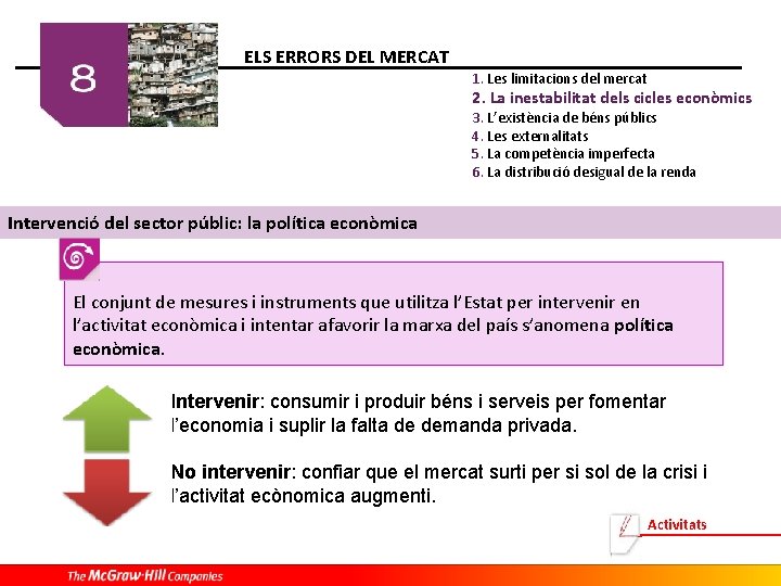 ELS ERRORS DEL MERCAT 1. Les limitacions del mercat 2. La inestabilitat dels cicles ELS ERRORS DEL MERCAT 1. Les limitacions del mercat 2. La inestabilitat dels cicles