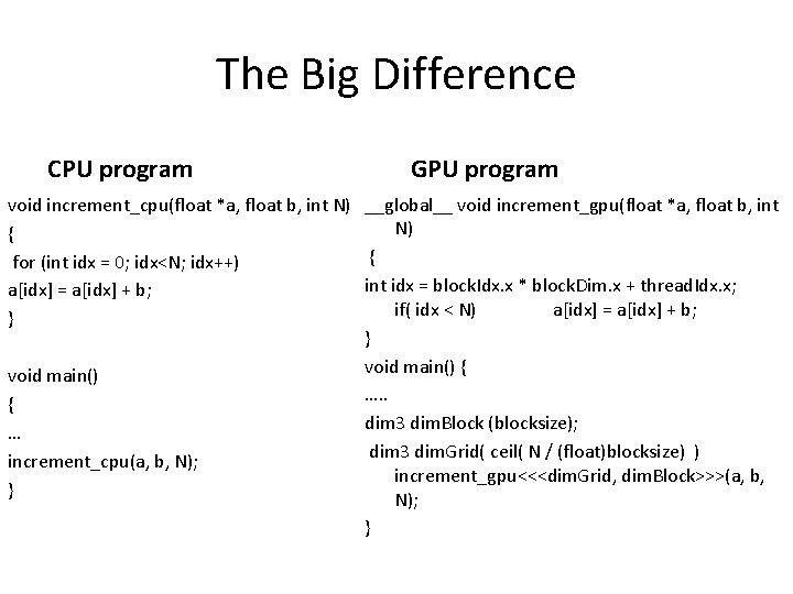 The Big Difference CPU program GPU program void increment_cpu(float *a, float b, int N)
