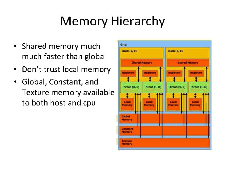 Memory Hierarchy • Shared memory much faster than global • Don’t trust local memory