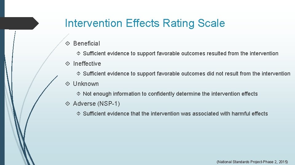 Intervention Effects Rating Scale Beneficial Sufficient evidence to support favorable outcomes resulted from the Intervention Effects Rating Scale Beneficial Sufficient evidence to support favorable outcomes resulted from the
