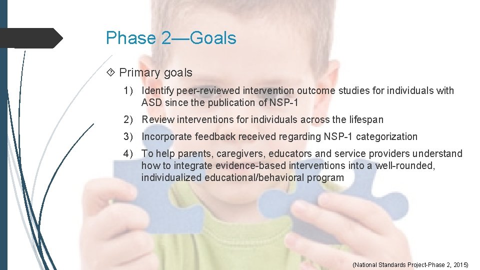 Phase 2—Goals Primary goals 1) Identify peer-reviewed intervention outcome studies for individuals with ASD Phase 2—Goals Primary goals 1) Identify peer-reviewed intervention outcome studies for individuals with ASD