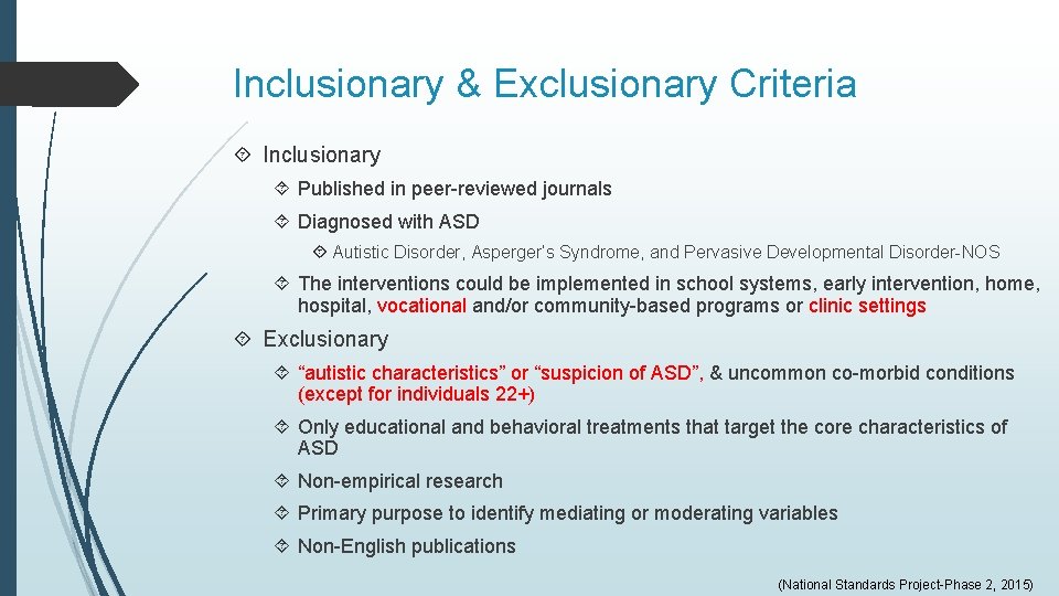 Inclusionary & Exclusionary Criteria Inclusionary Published in peer-reviewed journals Diagnosed with ASD Autistic Disorder, Inclusionary & Exclusionary Criteria Inclusionary Published in peer-reviewed journals Diagnosed with ASD Autistic Disorder,