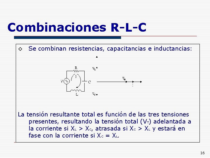 Combinaciones R-L-C ◊ Se combinan resistencias, capacitancias e inductancias: La tensión resultante total es