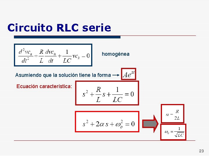Circuito RLC serie homogénea Asumiendo que la solución tiene la forma Ecuación característica: 23