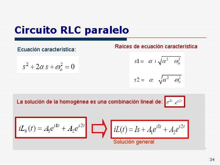 Circuito RLC paralelo Ecuación característica: Raíces de ecuación característica La solución de la homogénea