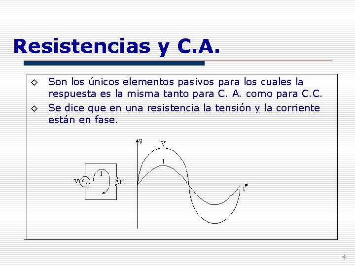 Resistencias y C. A. ◊ Son los únicos elementos pasivos para los cuales la