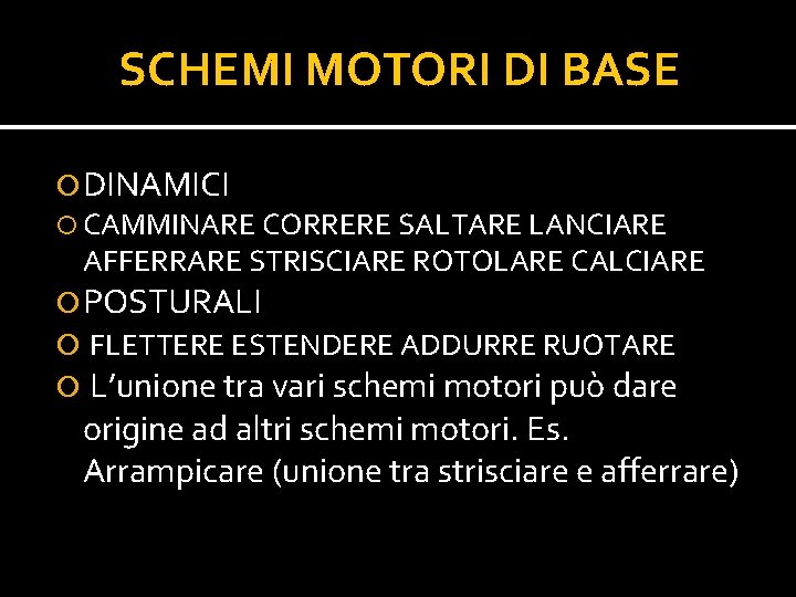 SCHEMI MOTORI DI BASE DINAMICI CAMMINARE CORRERE SALTARE LANCIARE AFFERRARE STRISCIARE ROTOLARE CALCIARE POSTURALI SCHEMI MOTORI DI BASE DINAMICI CAMMINARE CORRERE SALTARE LANCIARE AFFERRARE STRISCIARE ROTOLARE CALCIARE POSTURALI