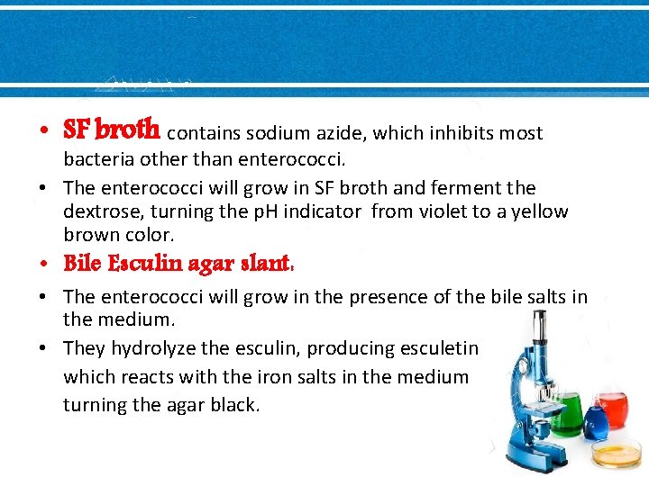  • SF broth contains sodium azide, which inhibits most bacteria other than enterococci.