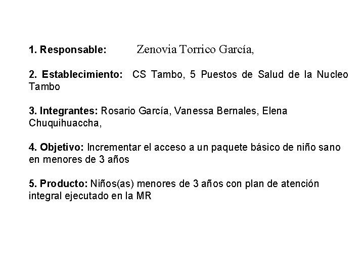 1. Responsable: Zenovia Torrico García, 2. Establecimiento: CS Tambo, 5 Puestos de Salud de