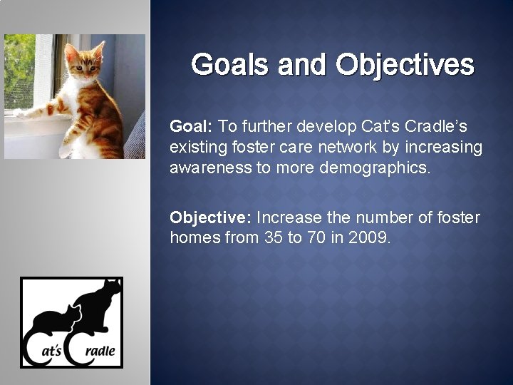 Goals and Objectives Goal: To further develop Cat’s Cradle’s existing foster care network by