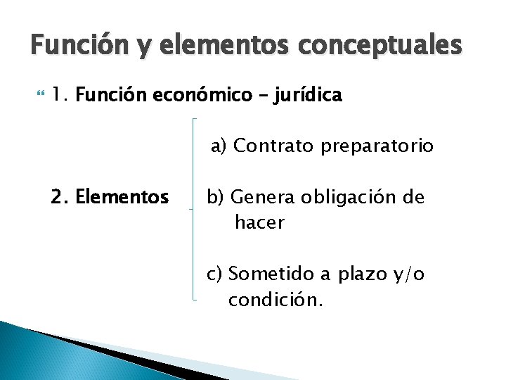 Función y elementos conceptuales 1. Función económico – jurídica a) Contrato preparatorio 2. Elementos