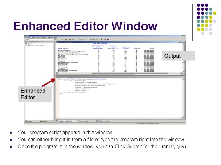 Enhanced Editor Window Output Enhanced Editor l l l Your program script appears in