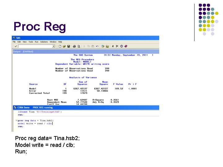 Proc Reg Proc reg data= Tina. hsb 2; Model write = read / clb;