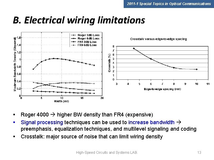 2011 -1 Special Topics in Optical Communications B. Electrical wiring limitations § § §