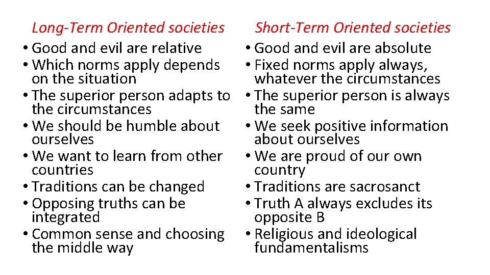 Long-Term Oriented societies • Good and evil are relative • Which norms apply depends