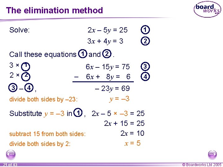 The elimination method Solve: 2 x – 5 y = 25 1 3 x