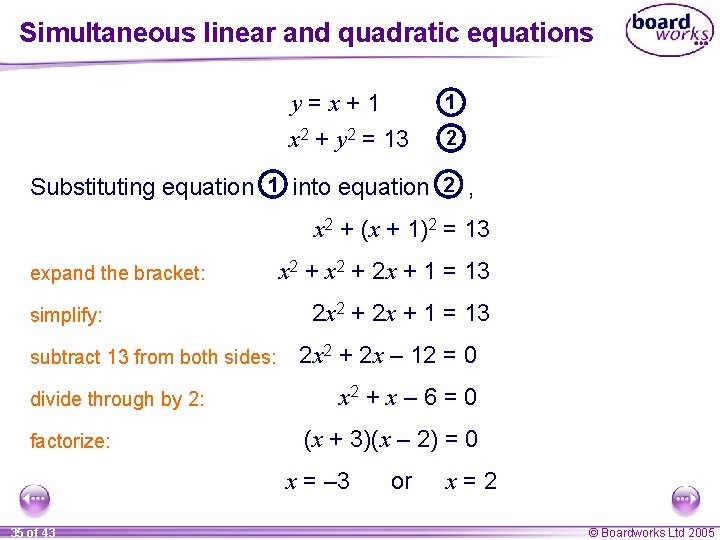 Simultaneous linear and quadratic equations y=x+1 x 2 + y 2 = 13 1