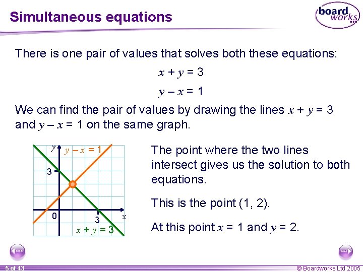 Simultaneous equations There is one pair of values that solves both these equations: x+y=3