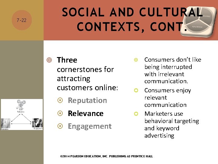 SOCIAL AND CULTURAL CONTEXTS, CONT. 7 -22 Three cornerstones for attracting customers online: Reputation