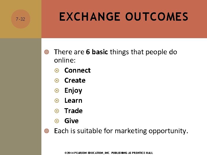 EXCHANGE OUTCOMES 7 -32 There are 6 basic things that people do online: Connect