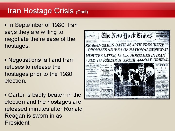 Iran Hostage Crisis (Cont) • In September of 1980, Iran says they are willing