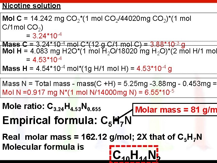 Nicotine solution Mol C = 14. 242 mg CO 2*(1 mol CO 2/44020 mg