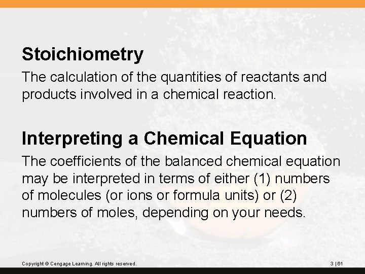 Stoichiometry The calculation of the quantities of reactants and products involved in a chemical