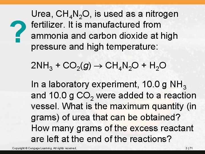 ? Urea, CH 4 N 2 O, is used as a nitrogen fertilizer. It