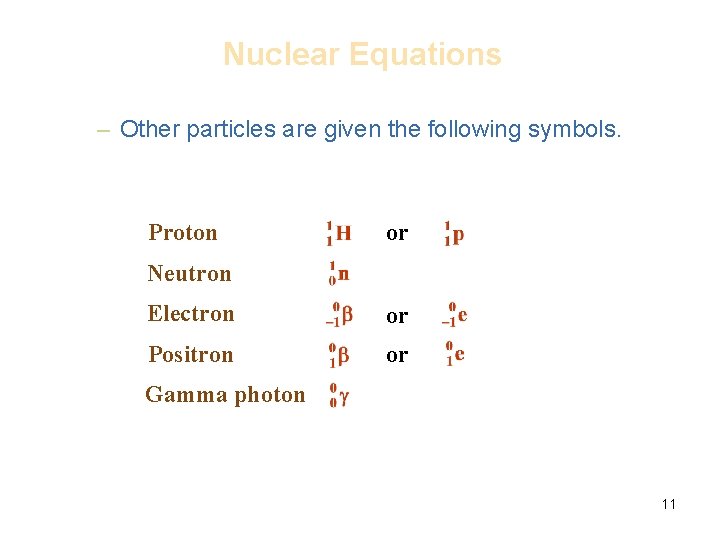 Nuclear Equations – Other particles are given the following symbols. Proton or Neutron Electron