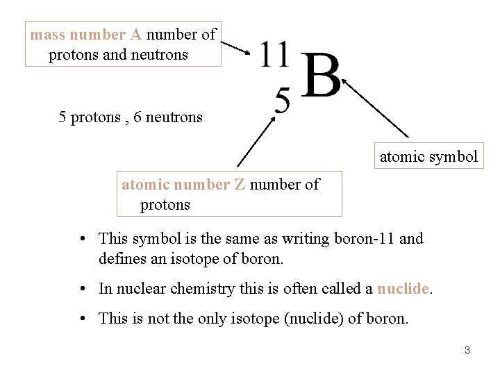 mass number A number of protons and neutrons 5 protons , 6 neutrons atomic