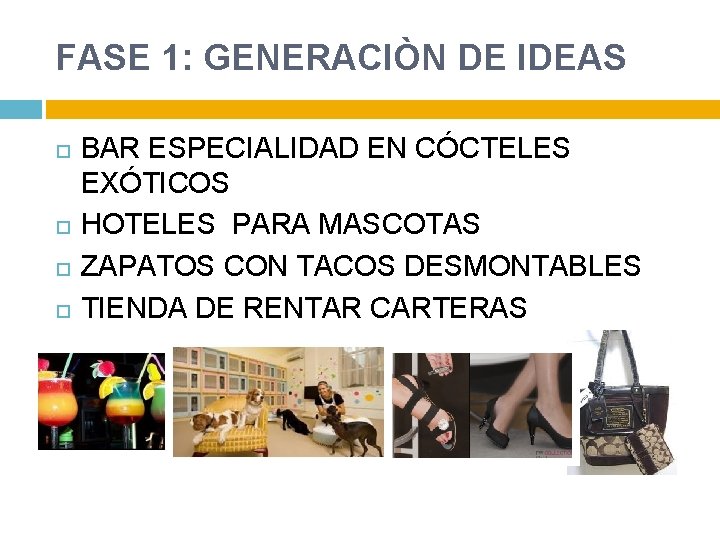FASE 1: GENERACIÒN DE IDEAS BAR ESPECIALIDAD EN CÓCTELES EXÓTICOS HOTELES PARA MASCOTAS ZAPATOS