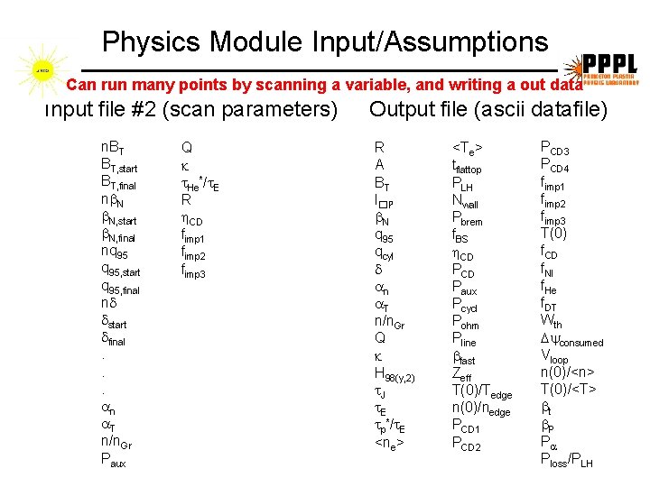 Physics Module Input/Assumptions Can run many points by scanning a variable, and writing a Physics Module Input/Assumptions Can run many points by scanning a variable, and writing a
