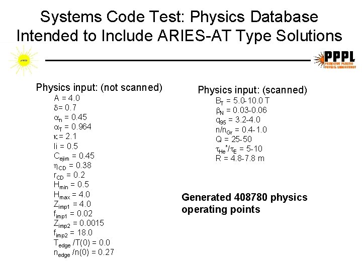 Systems Code Test: Physics Database Intended to Include ARIES-AT Type Solutions Physics input: (not Systems Code Test: Physics Database Intended to Include ARIES-AT Type Solutions Physics input: (not