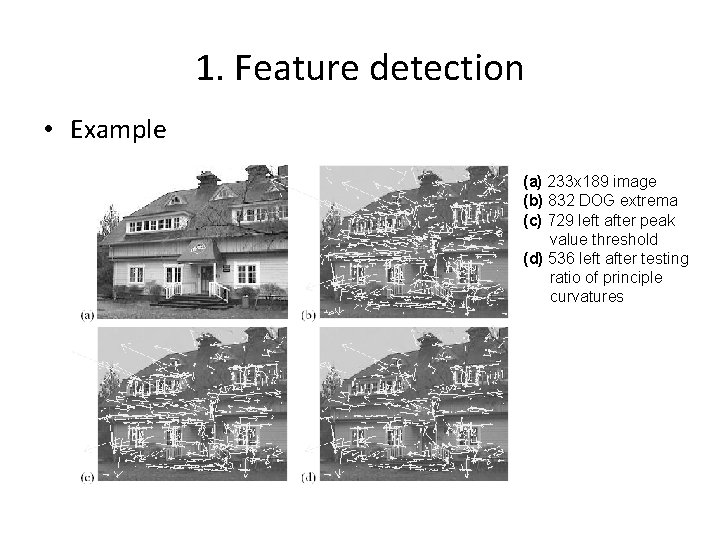 1. Feature detection • Example (a) 233 x 189 image (b) 832 DOG extrema 1. Feature detection • Example (a) 233 x 189 image (b) 832 DOG extrema